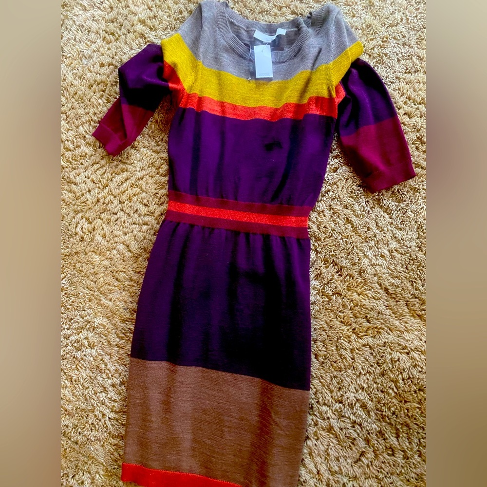 LOFT Sweater Dress Wool Blend Women's Colorblock Purple Yellow Orange Size XS
